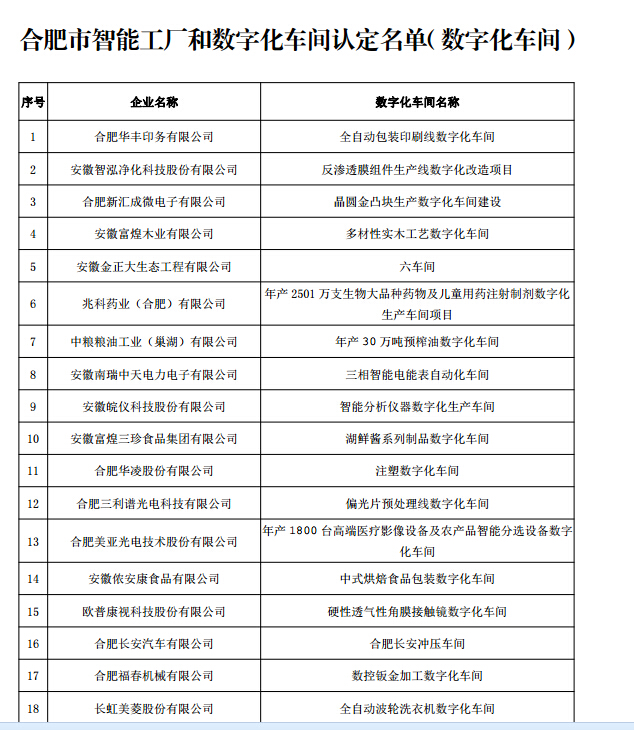 合肥市數(shù)字化車間名單